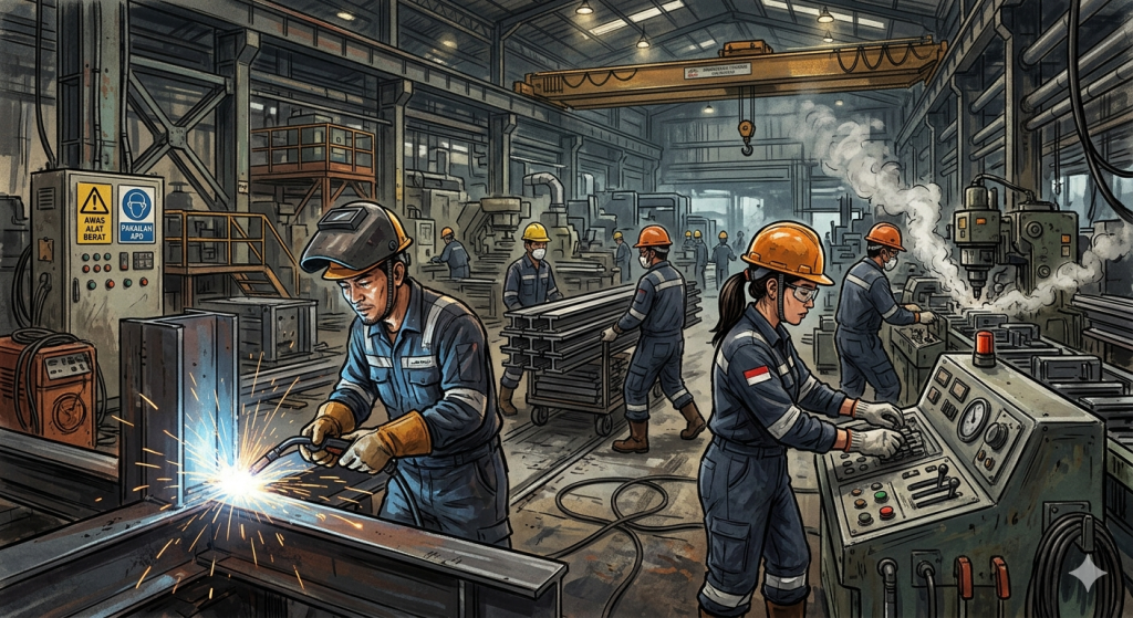 ilustrasi Buruh Indusri dibuat dengan AI oleh mluq