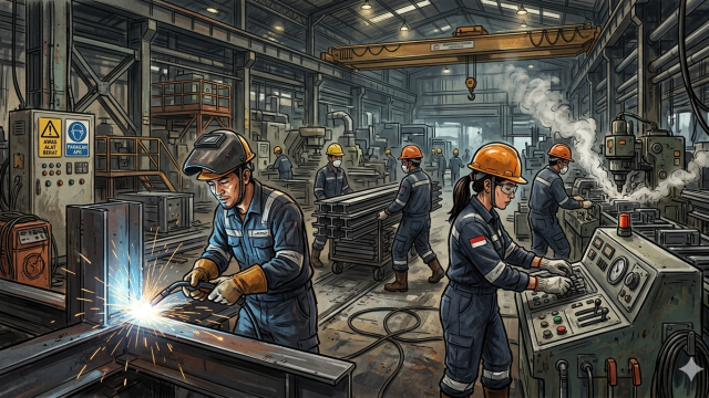 ilustrasi Buruh Indusri dibuat dengan AI oleh mluq